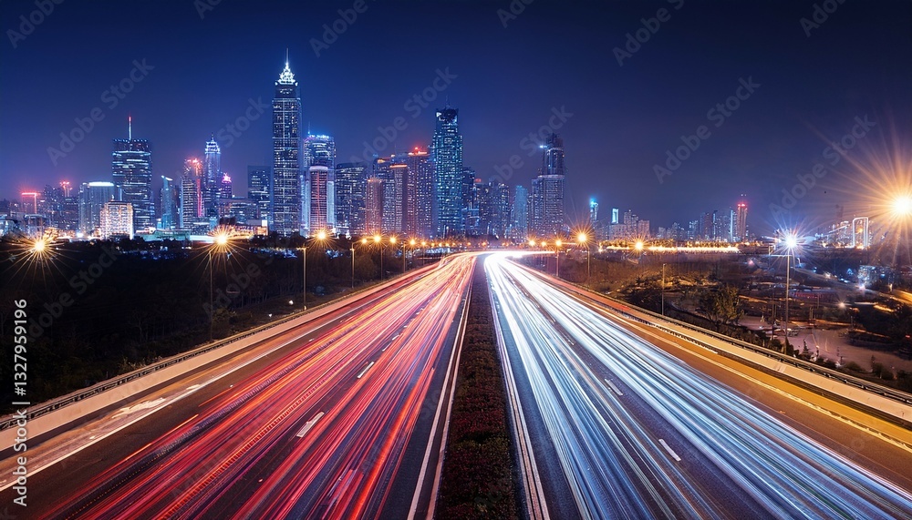 Obraz premium vibrant night highway with light trails leading to illuminated city skyline
