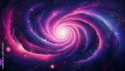 vibrant spiral galaxy in deep space horizontal illustration of a glowing spiral galaxy with pink and purple hues surrounded by countless stars in deep space