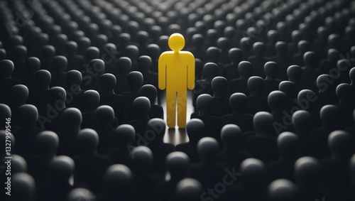Distinct yellow human figure among dark shapes. Leadership, individuality, and standing out from the crowd concept.