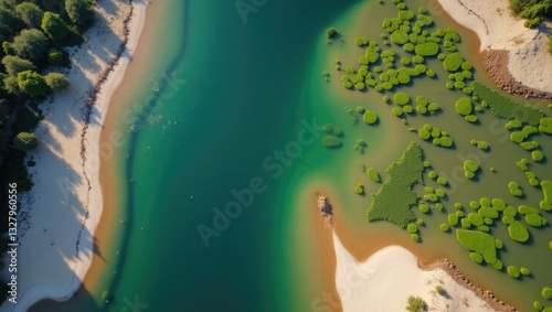 Fototapeta Naklejka Na Ścianę i Meble -  Forest underwater in a lake. Submerged sandpit with crystal clear water. Aerial view from a drone of the flooded sandpit. An artificial lake formed after a sandpit was flooded.