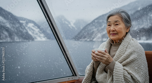 An elderly woman enjoys a warm drink while seated by a large window