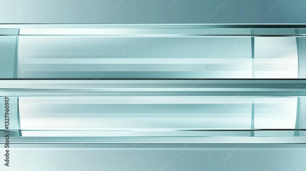 Fototapeta premium Abstract image of two horizontal, translucent, light blue glass panels with blurred edges and subtle lines.