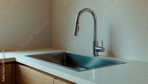 Iron washbasin with tap and spout integrated into a wooden kitchen worktop. Corner wash in the design and interior of a modern minimalist kitchen.