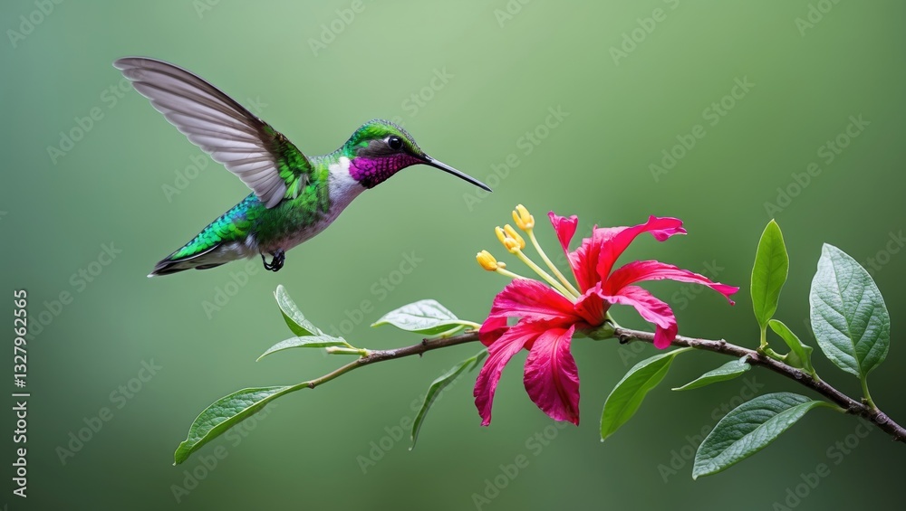 Fototapeta premium Violet-fronted Brilliant Hummingbird in motion gathering nectar from a flower against a green backdrop.
