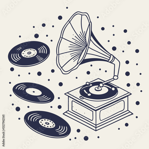Trendy halftone stipple elements with photocopy effect. Vintage vinyl records, gramophone discs Grunge punk dotted stickers for collage, modern retro vector illustration for poster, print, music cover