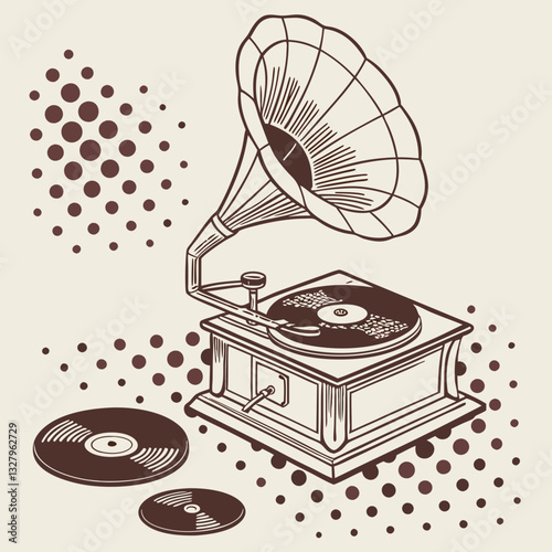 Trendy halftone stipple elements with photocopy effect. Vintage vinyl records, gramophone discs Grunge punk dotted stickers for collage, modern retro vector illustration for poster, print, music cover