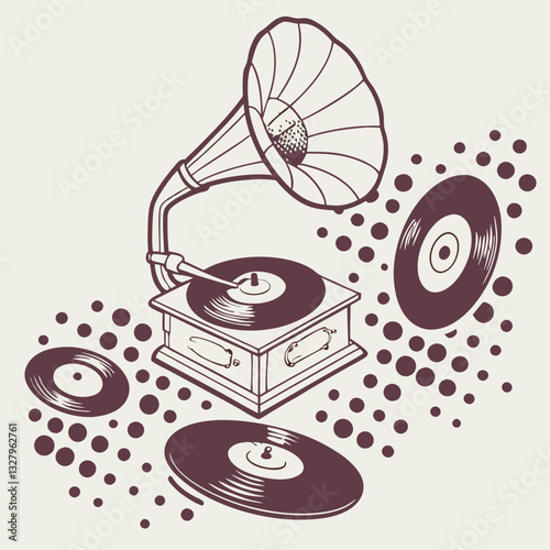 Trendy halftone stipple elements with photocopy effect. Vintage vinyl records, gramophone discs Grunge punk dotted stickers for collage, modern retro vector illustration for poster, print, music cover