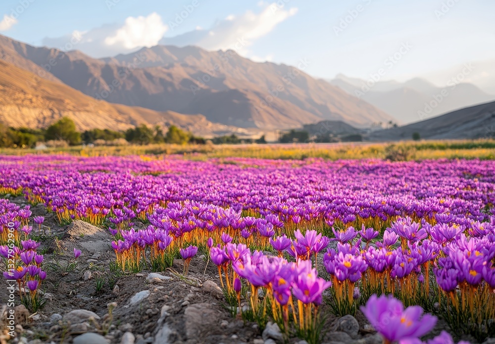 Obraz premium Stunning Landscape of Vibrant Purple Flowers in a Valley with Majestic Mountains in the Background Under a Bright Sky at Sunset