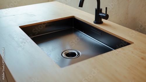 Iron washbasin with tap and spout integrated into a wooden kitchen countertop. Corner wash in the design and interior of a modern minimalist kitchen.