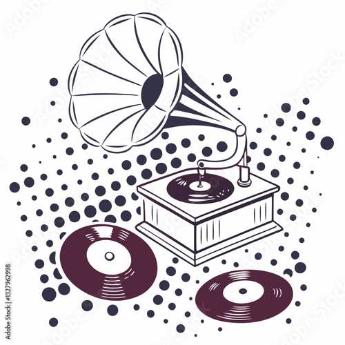 Trendy halftone stipple elements with photocopy effect. Vintage vinyl records, gramophone discs Grunge punk dotted stickers for collage, modern retro vector illustration for poster, print, music cover