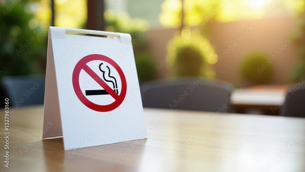 No smoking sign. Smoking is not allowed in public areas. Prohibitory banner on the table set against a public backdrop. Attention, please refrain from smoking. No smoking sign. Smoking is not allowed in public areas. Prohibitory banner on the table set against a public backdrop. Attention, please refrain from smoking.