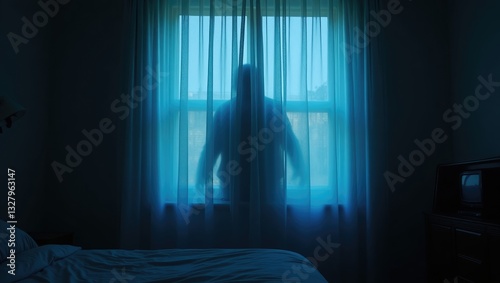 Horror silhouette in window with curtain inside bedroom during the night. Horror scene. Halloween theme. Blurred silhouette of a ghost.