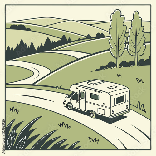 Motorhome on the road against the backdrop of a rural landscape. Vector flat style illustration.