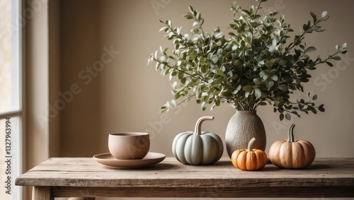 Wallpaper Mural Elegant autumn home interior. Vase with olive branches. Small pumpkins on wooden desk. Home office. Scandi interior. Cup of tea or coffee, beige wall mockup. Torontodigital.ca