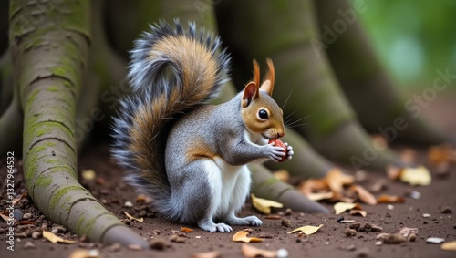 A Grey Squirrel is consuming nuts provided by passersby in a Park. The Grey Squirrel has now replaced the native Red Squirrel.