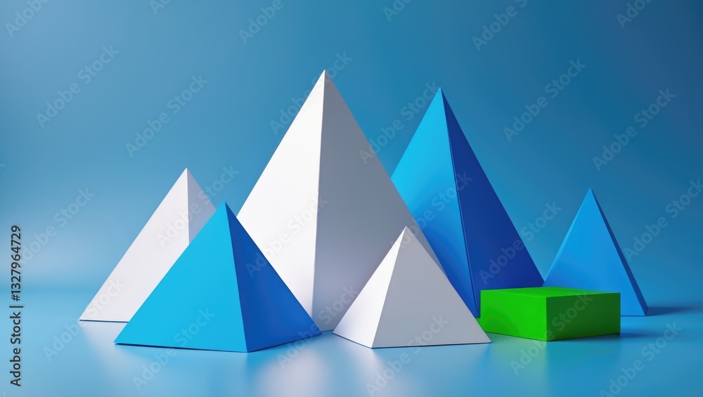 Geometrical shapes still life arrangement. Three-dimensional prism, pyramid, tetrahedron, and rectangular forms on a blue background. Platonic solids, simplicity concept photography. Geometrical shapes still life arrangement. Three-dimensional prism, pyramid, tetrahedron, and rectangular forms on a blue background. Platonic solids, simplicity concept photography.