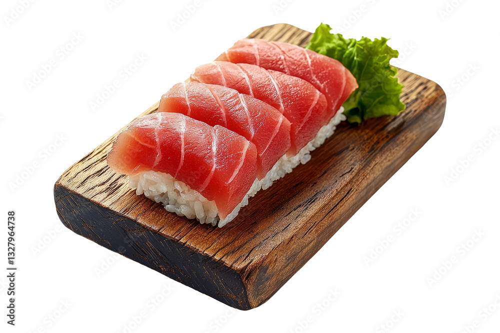 Fresh Tuna Sushi Slices on Wooden Plate with Green Lettuce Garnish Fresh Tuna Sushi Slices on Wooden Plate with Green Lettuce Garnish