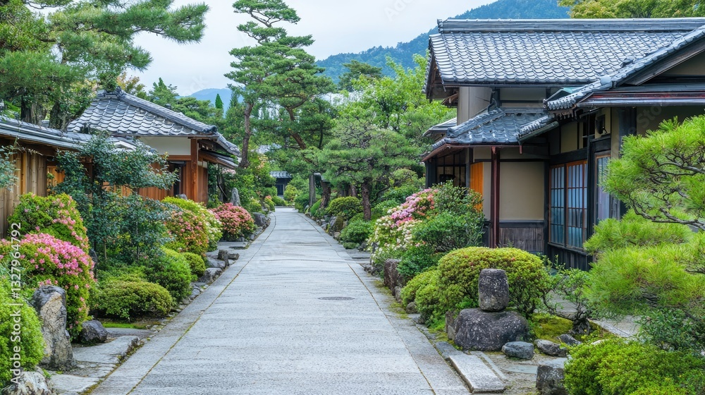 A pathway lined with blooming Japanese needle flowers in a serene garden. A pathway lined with blooming Japanese needle flowers in a serene garden.