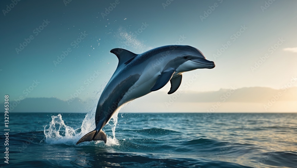 Obraz premium Dolphin jumping out of the water viewed from behind.