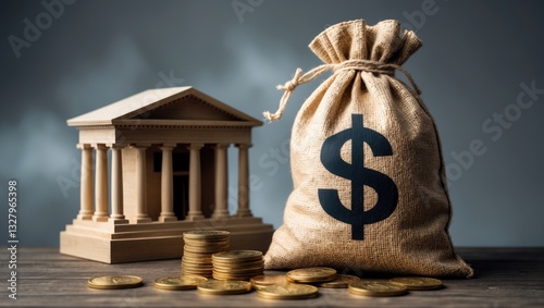 Dollar money bag and government bank building. Budgeting and tax collection. State debt. GDP and GNP. Placing deposits and lending loans. Monetary policy. Supporting businesses during crises.