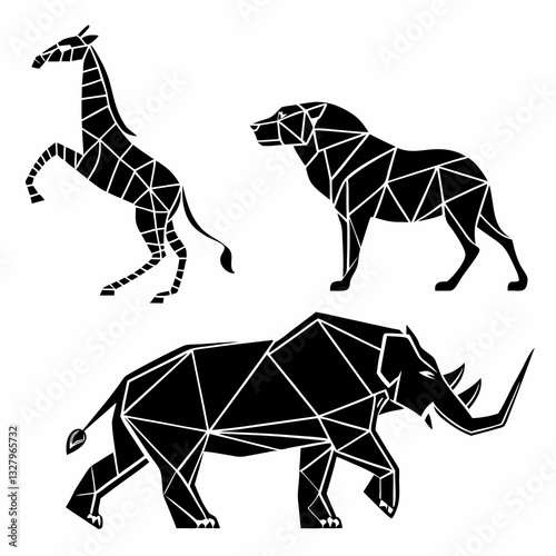 Set of Geometric abstract animals. Black animals on white background. Trendy mono line vector design