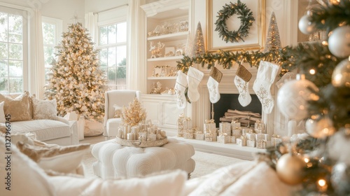 Elegant White And Gold Christmas Living Room Decor