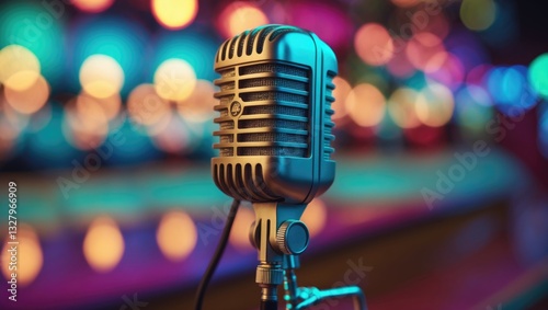 Retro mic with a blurred background and space for text.