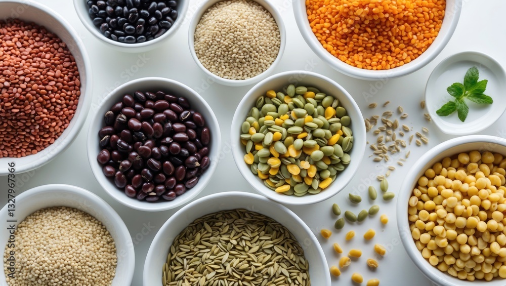Uncooked pulses, grains, and seeds arranged in bowls against a background, with a focus on select items. Uncooked pulses, grains, and seeds arranged in bowls against a background, with a focus on select items.