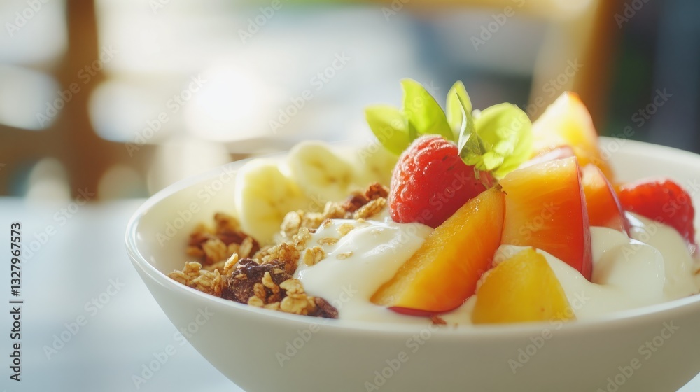 Yogurt Parfait with Granola, Peach, Banana and Raspberry Yogurt Parfait with Granola, Peach, Banana and Raspberry