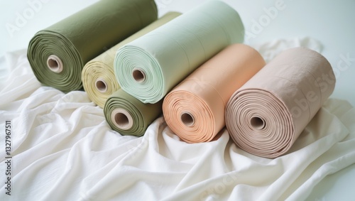 Rolls of pastel color fabric placed on a white background.