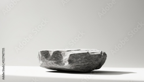 A solitary rock boulder, featuring a sunlit top ledge that highlights the natural indents of the ancient stone, set against a white background.