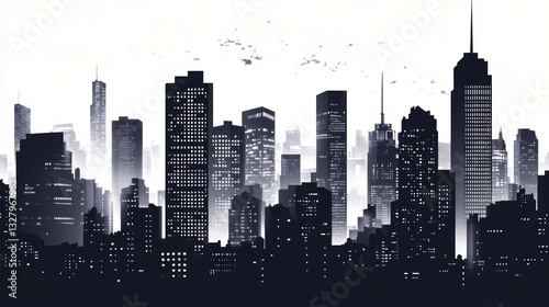 Wallpaper Mural Monochrome Cityscape: Illustrated Skyline with Buildings and Towers  Torontodigital.ca