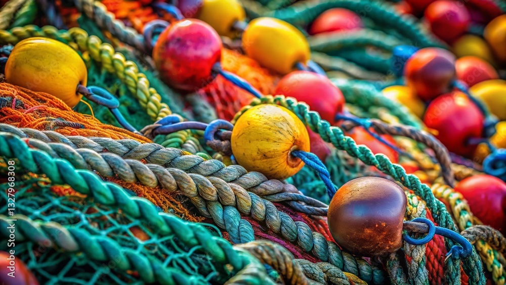 Fototapeta premium Macro Shot: Colorful Fishing Net Floats & Knots - Detailed Texture