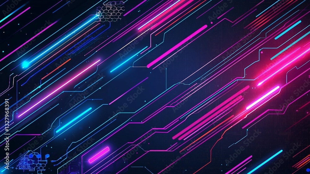 Abstract neon lines and circuit board design on dark background.