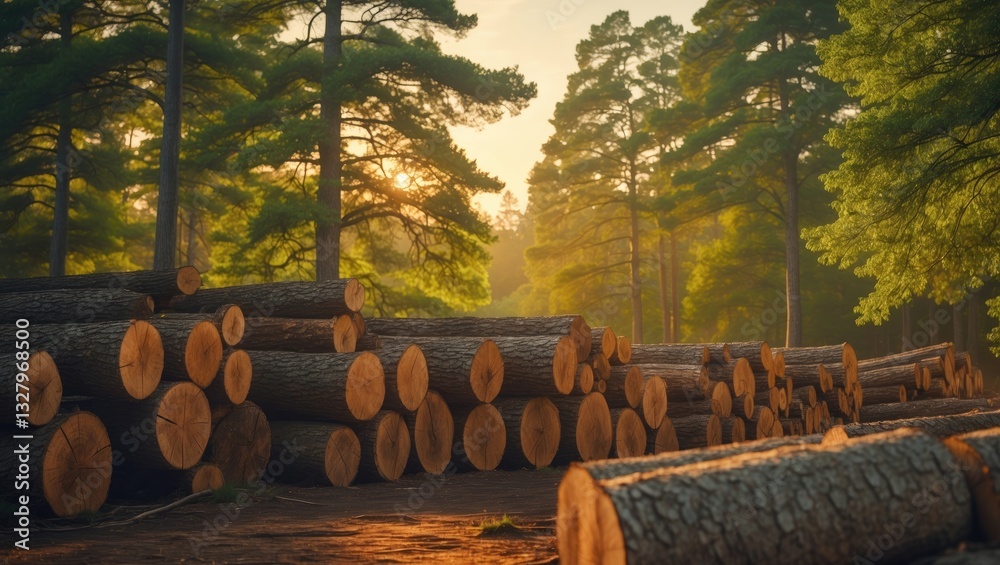 Freshly cut tree logs are organized in the forest at sunset. Pine logs ready for loading and transport. Illegal logging harms the environment. Wood harvesting in the woodworking industry. Freshly cut tree logs are organized in the forest at sunset. Pine logs ready for loading and transport. Illegal logging harms the environment. Wood harvesting in the woodworking industry.