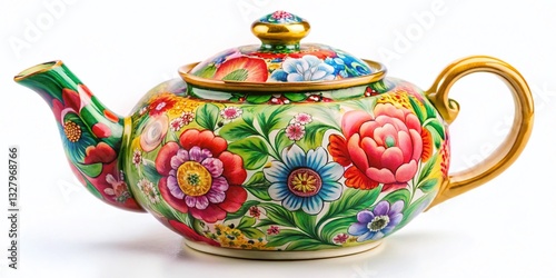 Macro Shot: Hand-Painted Floral Teapot, Vibrant Colors, Detailed Design