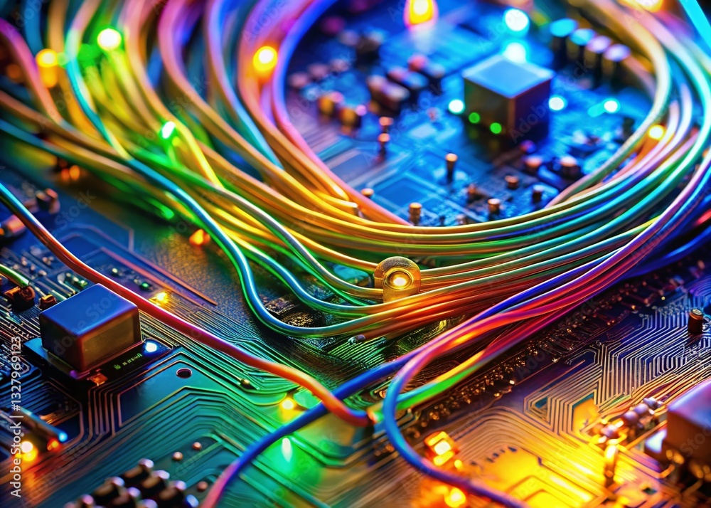 Fototapeta premium Macro Shot of Circuit Board with Colorful Wires - Programming Code Detail