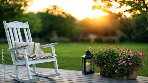 Serene sunset view featuring a rocking chair on a porch with flowers and a lantern