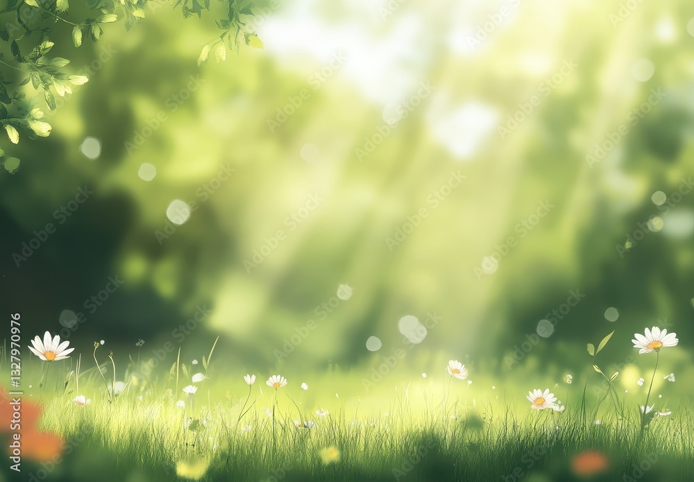 Obraz premium Tranquil Sunlit Landscape with Daisies and Gentle Bokeh Highlights in a Green Field Surrounded by Nature's Beauty and Serenity