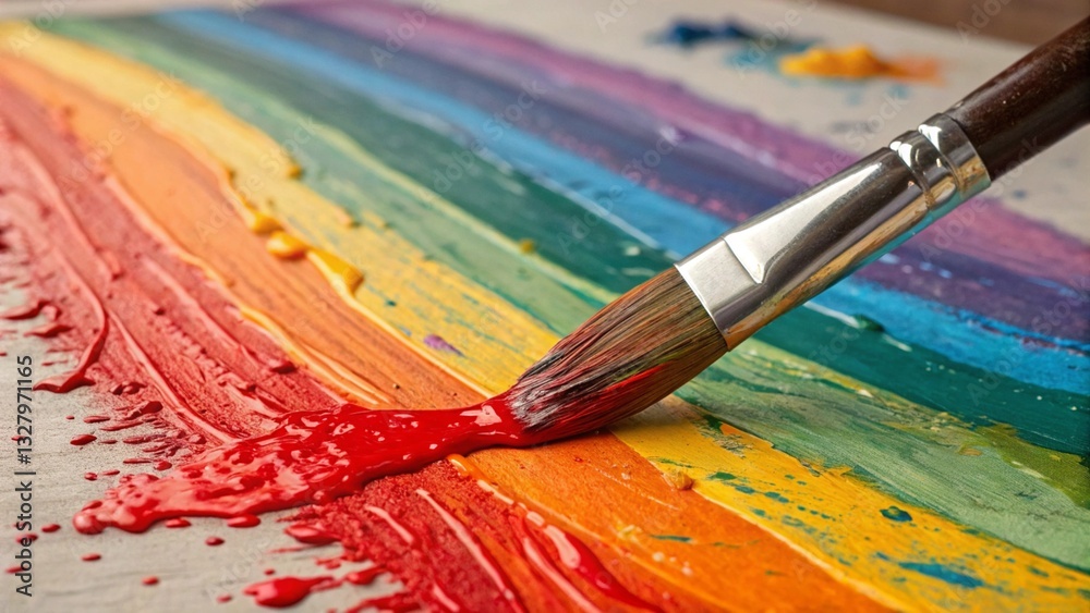 Close-up of a paintbrush applying vibrant red paint over a colorful rainbow spectrum on canvas, emphasizing artistic creation and the joy of painting.
Close-up of a paintbrush applying vibrant red paint over a colorful rainbow spectrum on canvas, emphasizing artistic creation and the joy of painting.