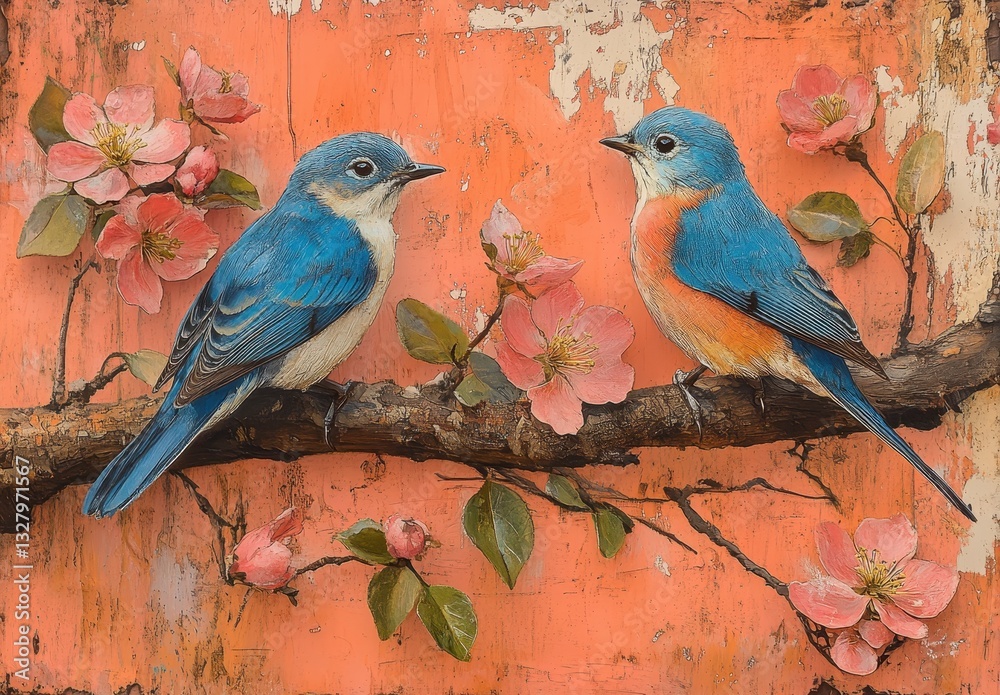Obraz premium Two Colorful Birds Sitting on a Branch Surrounded by Delicate Pink Flowers Against a Textured Coral Background