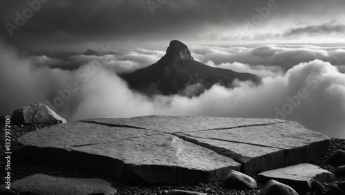 A rock ledge intended for product display, highlighting close detail of the center top surface of the stone against a blurred background of clouds and mountains.
