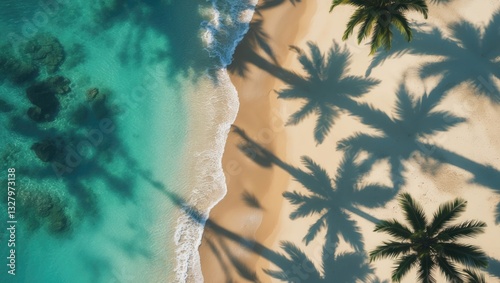 Fototapeta Naklejka Na Ścianę i Meble -  Aerial paradise. Beautiful shadows of palm trees on a sandy beach, turquoise ocean viewed from above. Amazing landscape pattern of summer nature. Stunning beach scene under the sun, relaxing and in...