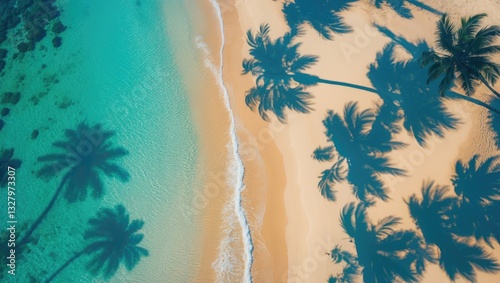 Fototapeta Naklejka Na Ścianę i Meble -  Aerial paradise. Beautiful shadows of palm trees on a sandy beach, turquoise ocean viewed from above. Incredible summer nature landscape pattern. Stunning sunny beach scene, relaxing peaceful inspi...