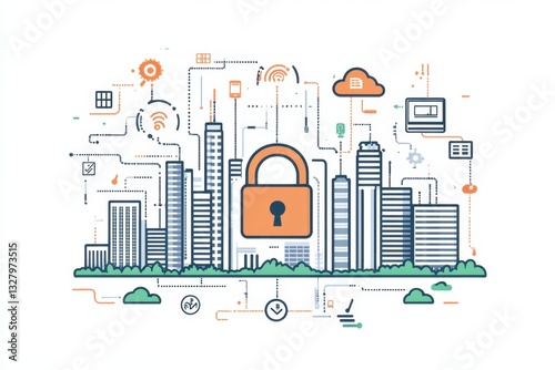 An icon of security with a padlock surrounded by digital connections, set against the backdrop of an urban skyline to symbolize city friendliness and technological innovation in business Generative AI