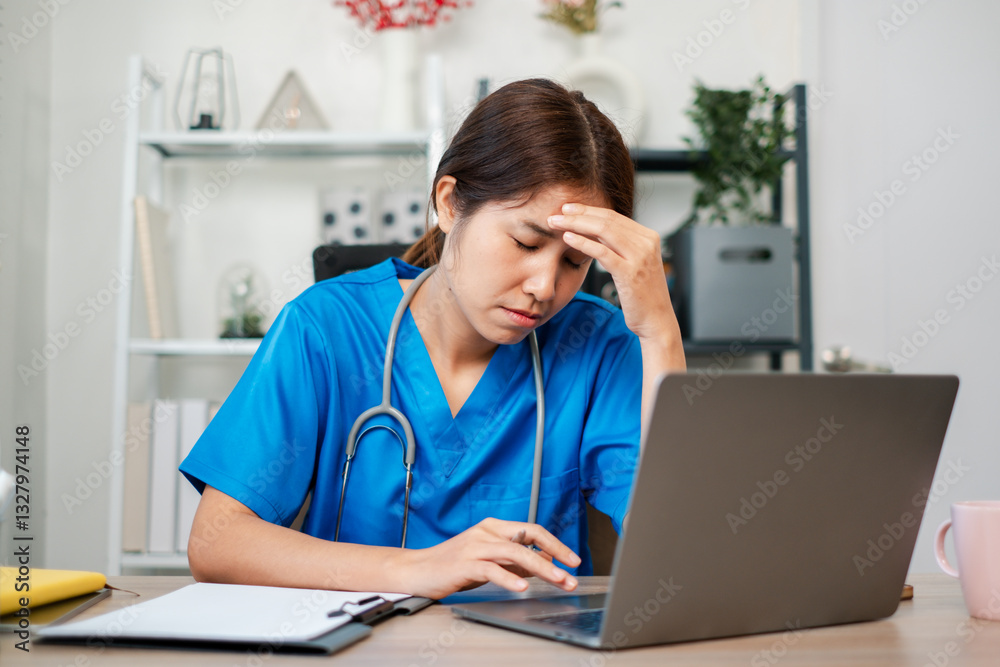 A healthcare worker in blue scrubs looks stressed while working on a laptop in a contemporary office setting. A healthcare worker in blue scrubs looks stressed while working on a laptop in a contemporary office setting.