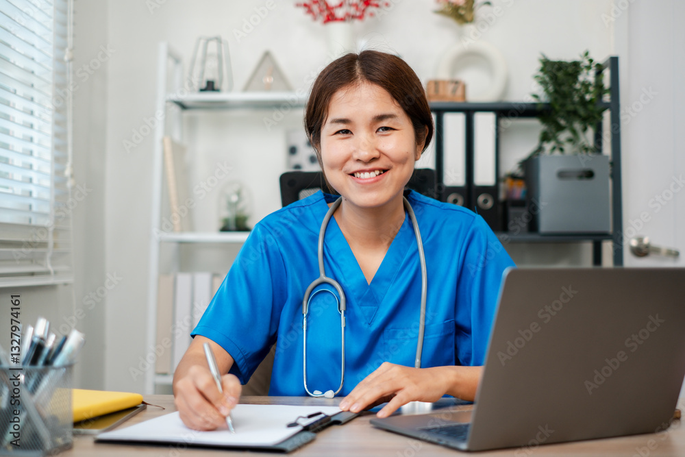 Smiling nurse in blue scrubs working at a desk with a laptop and clipboard in a modern medical office setting. Smiling nurse in blue scrubs working at a desk with a laptop and clipboard in a modern medical office setting.