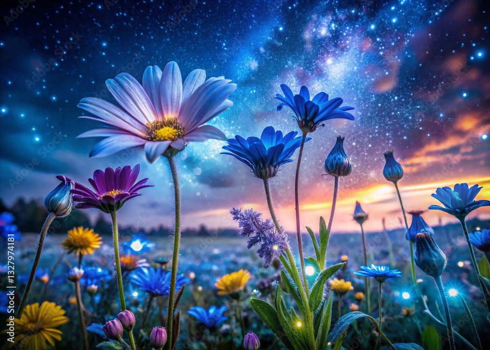 Fototapeta premium Magical Spring Night: Blooming Flowers Under Starry Sky - Night Landscape Photography