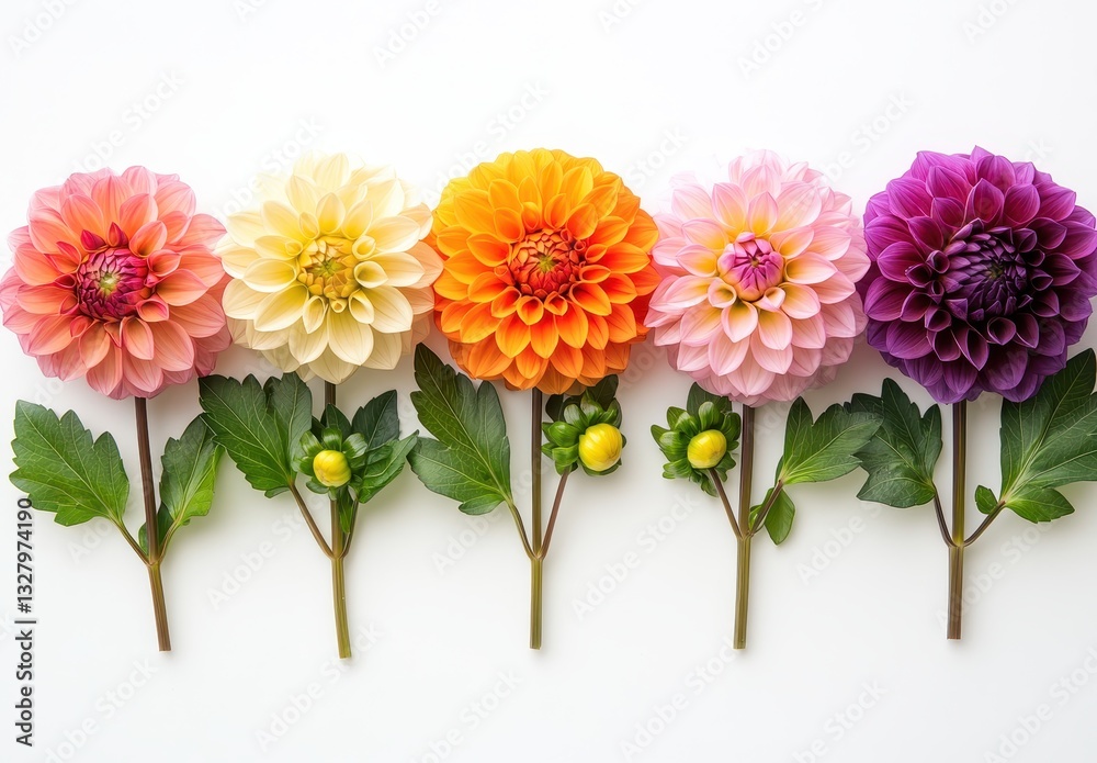 Obraz premium Vibrant and Colorful Dahlia Flowers Arranged Beautifully on a White Background for Nature and Floral Designs