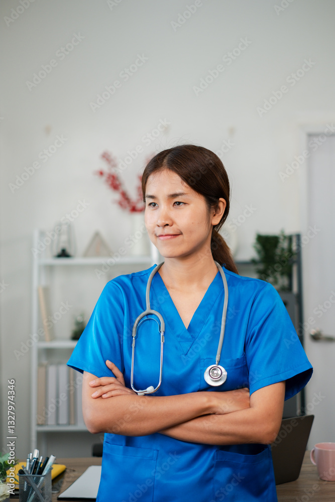 A focused female nurse in blue scrubs stands with arms crossed, wearing a stethoscope, in a contemporary medical office environment. A focused female nurse in blue scrubs stands with arms crossed, wearing a stethoscope, in a contemporary medical office environment.